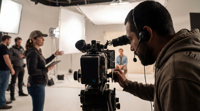 professional film crew shooting interview scene in studio with camera operator, director and lighting technicians collaborating on set