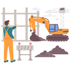 Excavation Work During Building Development concept, Earth moving and Structural Framework in Progress vector design, construction workers banner, Skilled labor scene, Civil Engineering Works stock il