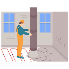 Underfloor Heating and Structural Setup in Progress concept, installing core support in interior space vector design, construction workers banner, Skilled labor scene, Civil Engineering Works stock il