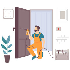 Professional Handyman Installing Door concept, Technician Using Power Tools Indoors vector design, construction workers banner, Skilled labor scene, Civil Engineering Works stock illustration