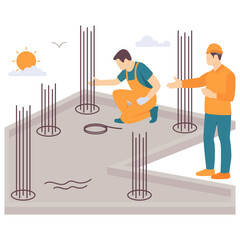 Reinforced Concrete Foundation Preparation concept, Installing Rebar for Structural Strength vector design, construction workers banner, Skilled labor scene, Civil Engineering Works stock illustration