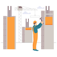 Securing Concrete Columns concept, person using hammer to adjust formwork on concrete vector design, construction workers banner, Skilled labor scene, Civil Engineering Works stock illustration
