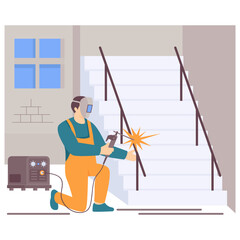 Welding Staircase Railings concept, Craftsmanship and Safety vector design, construction workers banner, Skilled labor scene, Civil Engineering Works stock illustration