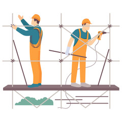 Exterior Building Installation concept, Teamwork on Scaffolding vector design, construction workers banner, Skilled labor scene, Civil Engineering Works stock illustration