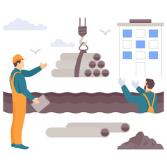 Crane assisted Pipeline Placement concept, On Site Supervision of Utility Installation vector design, construction workers banner, Skilled labor scene, Civil Engineering Works stock illustration