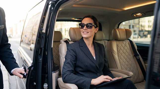 Confident businesswoman riding in luxury car using digital tablet while chauffeur holds door in modern urban environment