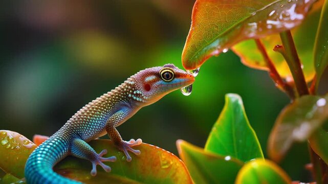 A vibrant blue and orange gecko delicately sips a glistening water drop from a lush green leaf.