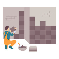 Tiler installing wall tiles indoors concept, Craftsman Installing Tile vector design, construction workers banner, Skilled labor scene, Civil Engineering Works stock illustration