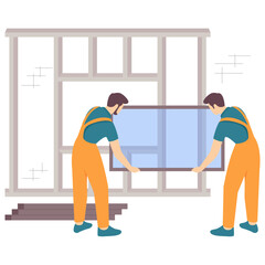 Installing the Window Frame concept, Precision Glass panels Installation vector design, construction workers banner, Skilled labor scene, Civil Engineering Works stock illustration