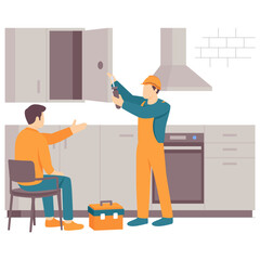 technician adjusts overhead cabinet using power tool concept, Teamwork behind perfect kitchen vector design, construction workers banner, Skilled labor scene, Civil Engineering Works stock illustratio