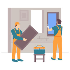 Home Improvement by Expert Installers concept, Window Installation in progress vector design, construction workers banner, Skilled labor scene, Civil Engineering Works stock illustration