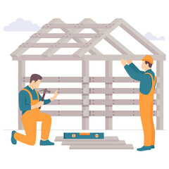 building wooden house frame concept, worker kneels while using hammer to secure joints vector design, construction workers banner, Skilled labor scene, Civil Engineering Works stock illustration