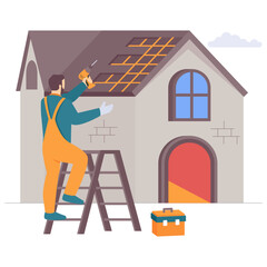 Roof Work with Precision and Care concept, technician installing roofs elements using power drill vector design, construction workers banner, Skilled labor scene, Civil Engineering Works stock illustr