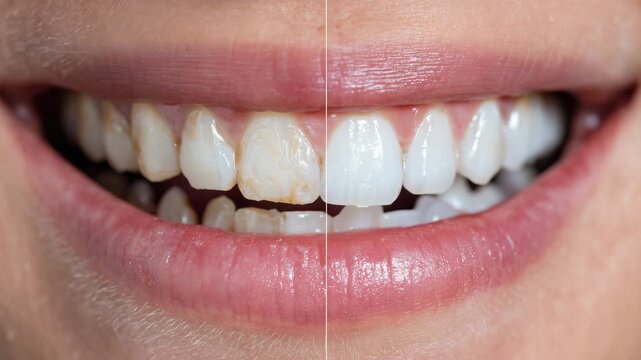 50Ultra-close-up of teeth whitening results, left side showing natural stains and shadows, right side glowing with reflective brilliance, refined lighting creating a pristine clinica