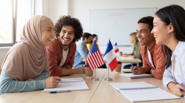 Smiling diverse students collaborating in international language class with usa and france flags on table during group study session