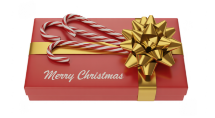 Red gift box with gold bow and candy canes on for Christmas holiday isolated on a transparent background