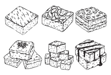 Set of various chocolate brownie with almond chocolate chips and sauce outline drawing illustration