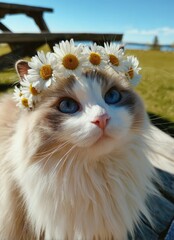 Fluffy Ragdoll cat with daisy flower crown outdoors