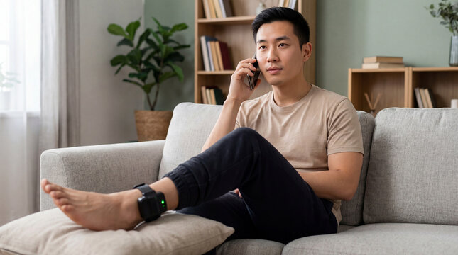 Man relaxing at home on sofa wearing electronic ankle monitor and talking on smartphone in casual living room interior
