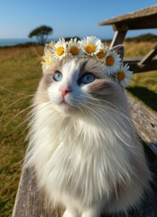 Fluffy Ragdoll cat with daisy crown on a wooden picnic bench, outdoors, sunny day