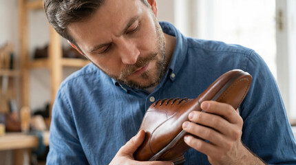 Focused male artisan inspecting handcrafted brown leather dress shoe in workshop, checking quality details and craftsmanship