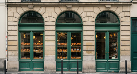 Traditional artisan bakery storefront with green windows and arched stone facade showcasing shelves full of fresh bread loaves