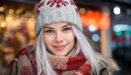Young woman wearing warm winter accessories smiles warmly against a backdrop of bright city lights