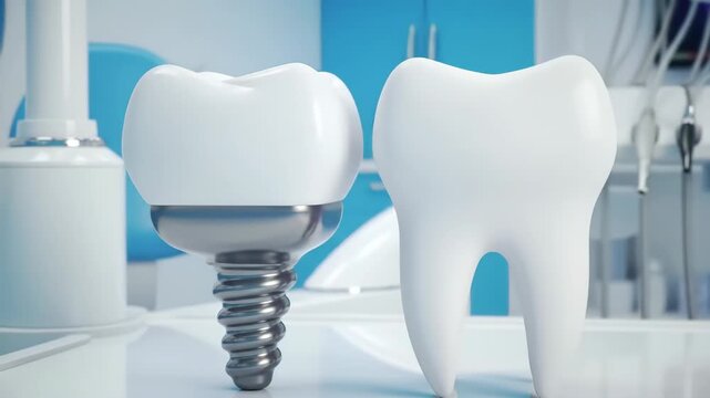 Animated dental implants and natural teeth, showcasing modern dentistry solutions and oral care