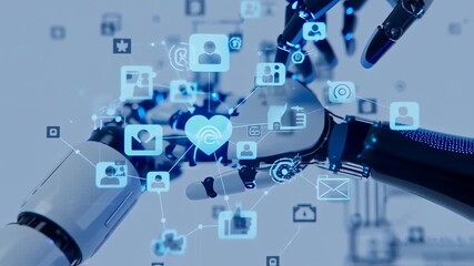 Robotic hands interact with a network of digital icons representing social media and communication - Powered by Adobe