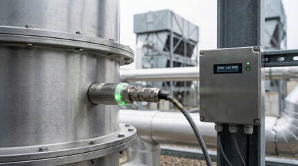 Industrial gas sensor monitoring co2 levels in stainless steel pipeline system at modern processing facility with digital control