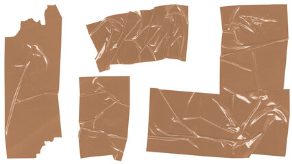 Various pieces of brown adhesive tape with a slightly translucent texture, shown from a top-down...