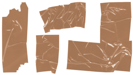 Various pieces of brown adhesive tape with a slightly translucent texture, shown from a top-down perspective on a white background