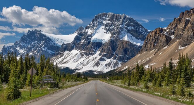 Scenic Bow Lake: Winding Mountain Road Through Breathtaking Landscape and Lush Forests in Canada