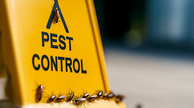 A pest control sign is swarmed by insects, highlighting the need for eradication. Professional services ensure a pest-free environment. Act now! #PestControl #Eradication