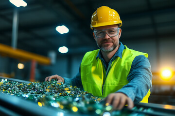 Worker sorting materials in a busy recycling facility at dusk