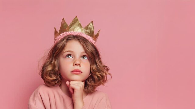 Child with golden crown thinks of ideas in a pink room during an indoor playtime session