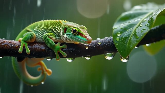 A vibrant green gecko perched on a wet branch with raindrops, showcasing its detailed skin texture and the lush natural environment.
