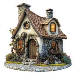 Detailed Stone Cottage House Isolated on a Transparent Background with a Traditional Architectural Design and Lush Garden Accents