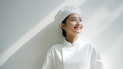 A young chef, dressed in pristine white, gazes upwards with a bright smile. The soft, natural light accents her optimistic expression against a clean, minimalist backdrop. Chef's ambitions shine.