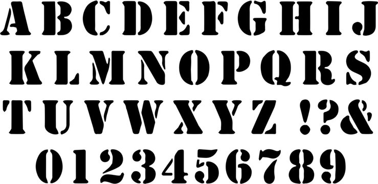 Classic Stencil Alphabet and Numbers Set, Bold Military Style Typeface for DIY Crafts.