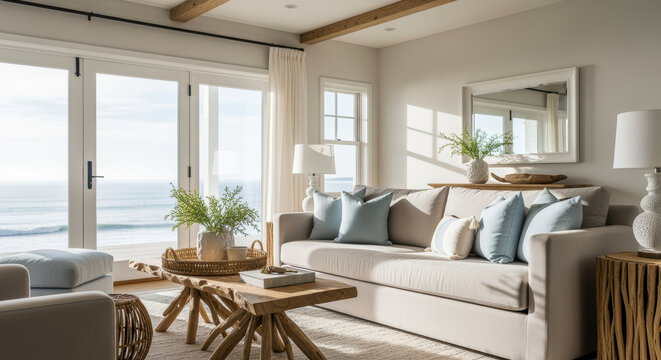 Bright coastal living room interior with beige sofa, wooden coffee table, sea view windows, and soft natural sunlight decor
