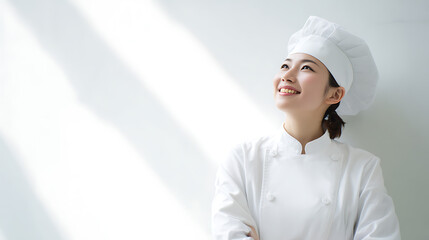 A hopeful, young pastry chef in uniform smiles with aspiration, framed against a minimalist backdrop, symbolizing the sweet future ahead and the culinary dreams she pursues.