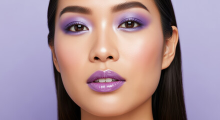 Fototapeta premium elegant woman with glossy purple lips and shimmering lavender eye makeup against a soft pastel background