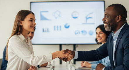 Smiling diverse business professionals shaking hands in modern office meeting, successful partnership and corporate collaboration concept
