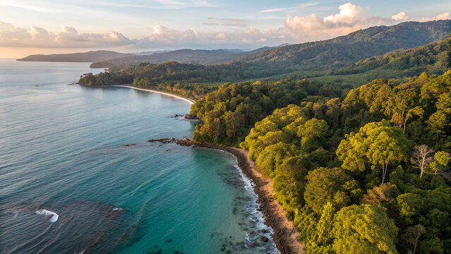 Ocean meets forest along a quiet coastline during sunset