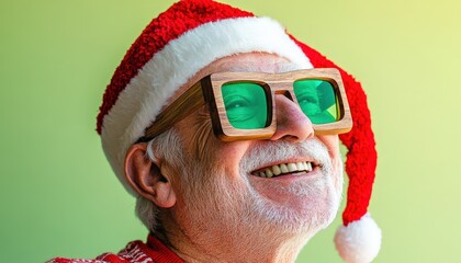 Cheerful elderly gentleman wearing holiday headwear and novelty eyewear smiles upward against a bright backdrop