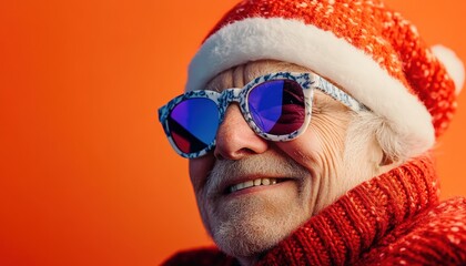 Older gentleman sporting modern sunglasses and a festive knitted cap smiles against a bright background