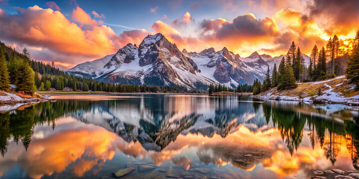 Beautiful sunset over gray mountains and still water in a valley