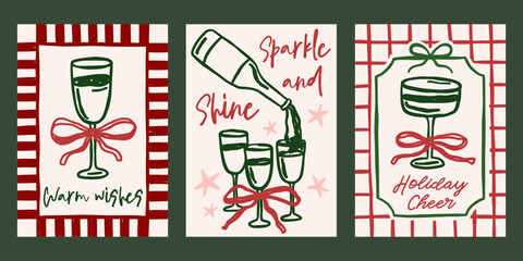 Whimsical Christmas vector cards set. Vintage retro holidays print designs with champagne glasses illustration in coquette frames