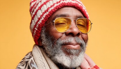 Mature gentleman wearing bright knit hat and tinted eyewear smiles against a solid background